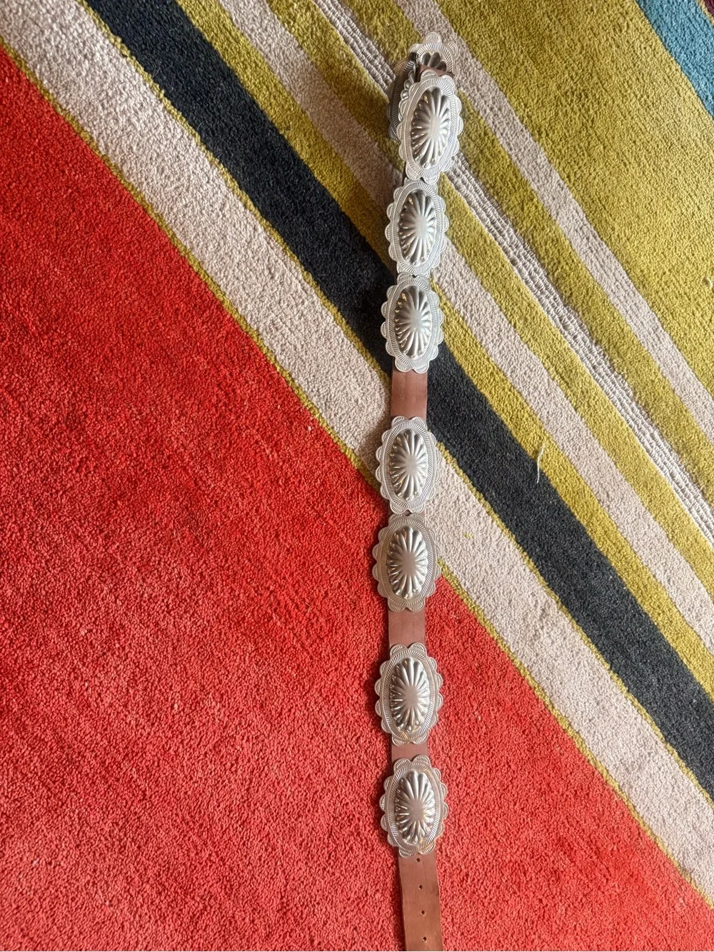 Source Unknown Brown Leather Concho Belt with Silver Accents